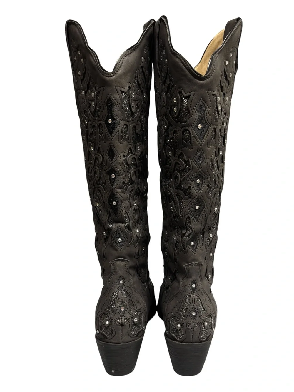 Gray Rhinestone Studded Glitter Inlay Knee High Cowboy Boots - Picture 5 of 7
